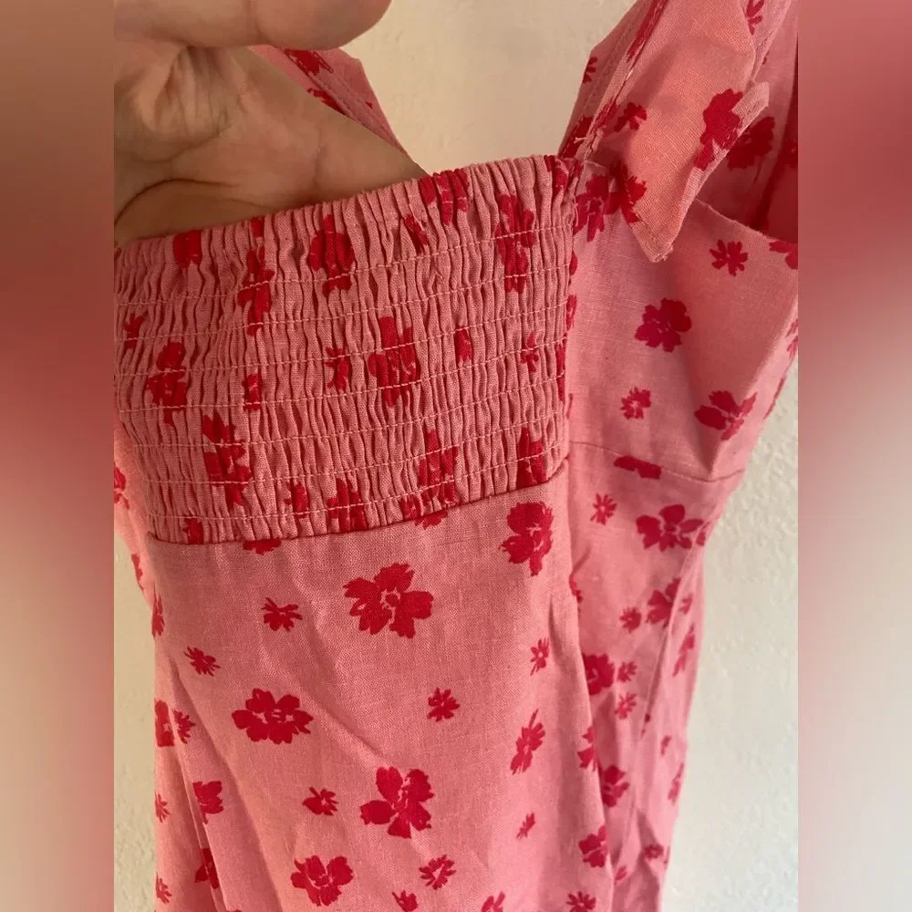 NWT Zara Floral Ruffle Linen V-Neck Mini Dress Pink/ Red Sz S